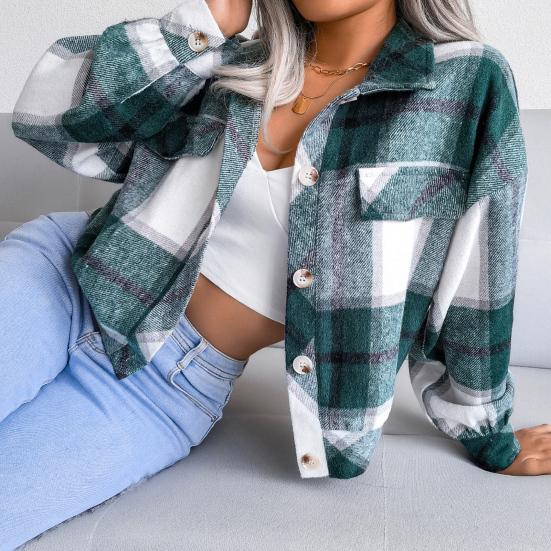 Осенне-весенняя женская куртка с контрастным клетчатым принтом, отложным воротником, однобортная модель с ложными карманами, длинными рукавами, свободное пальто для поездок на работу и свиданий