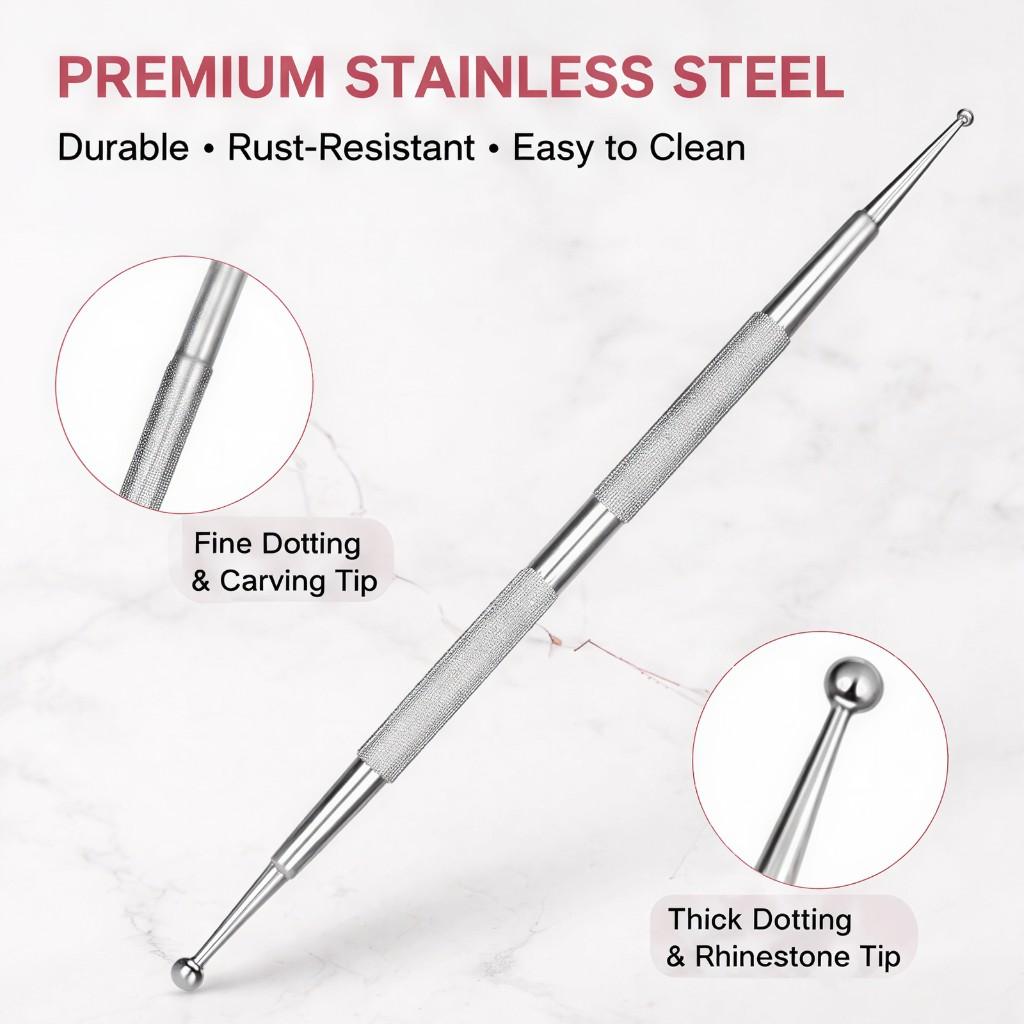 Nail Art Dotting Pen Double-ended Steel Tips for Thick and Thin Dots - Rhinestone Picker with Full Steel Body for DIY Nail Art Enthusiasts