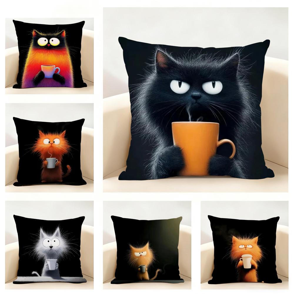 Simple Cartoon Furry Cat Pattern Cushion Cover Linen Pillowcase Soft for Sofa Bed Home Room Decor