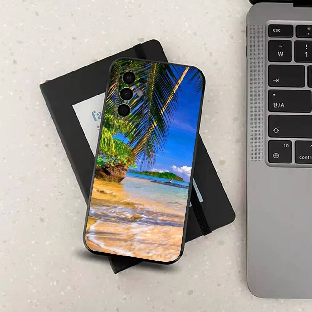 Пляжные пальмы для Samsung Galaxy A73,31,32,72,41,53,52,71,22,5G,Note,J7,8,9 Мягкий черный силиконовый чехол для телефона