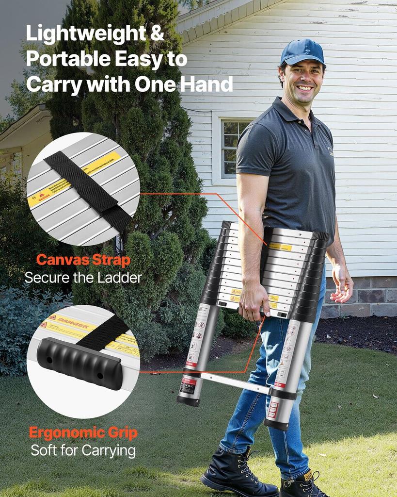 3.8m Telescoping Ladder, Aluminum Lightweight Multi-Purpose Collapsible Extension, One-Touch Retraction Ladder, Heavy Duty 150kg Max Capacity with