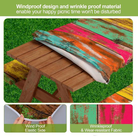 Picnic Table Cover Set American Flag Fitted Table Cover with 2 Bench Covers Waterproof Windproof Tablecloth with Elastic Edges for Outdoor Camping