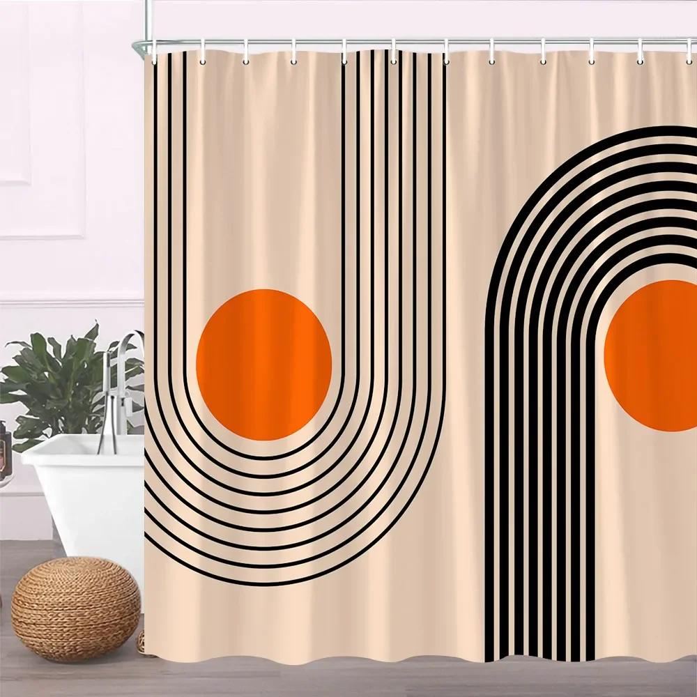 Modern Black Shower Curtain Set with Hooks-Black and White Shower Curtain for Bathroom Fabric Geometric Bath Curtains with Hoo
