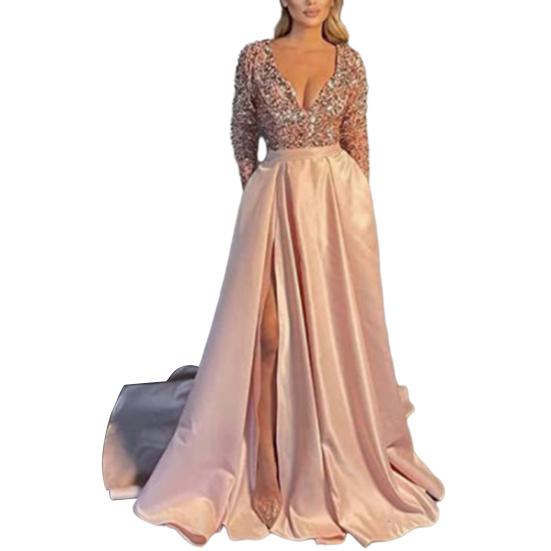 Women Evening Dress Low-cut V Neck Shiny Sequin Tight High Waist Split Hem A-line Big Swing Floor Length Satin Prom Wedding Party Lady Maxi Dress