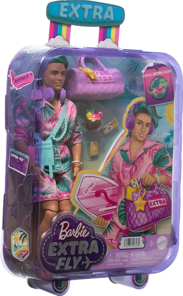 Barbie Extra Fly Ken Doll with Travel Clothes Tropical Outfit with Boogie Board Duffel Bag Beach-Themed & Accessories, &
