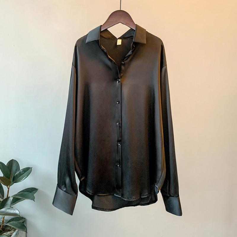 Женская черная рубашка, атласная шелковая блузка на пуговицах с длинным рукавом, женские осенние элегантные романтические офисные женские топы в стиле ретро