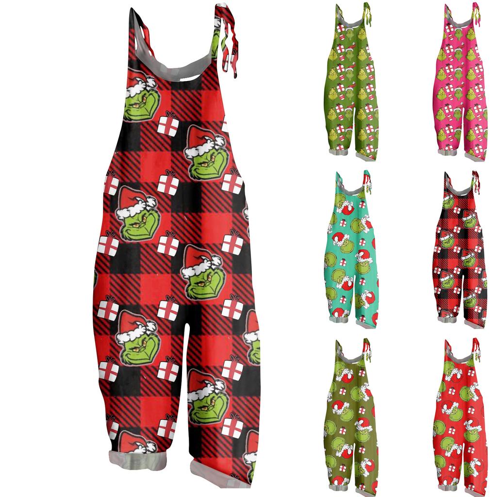 Женский повседневный свободный комбинезон с рождественским принтом, комбинезон с широкими штанинами, без рукавов, с карманами
