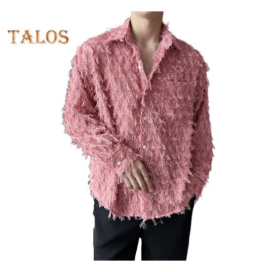 Мужская рубашка с нагрудным карманом и кисточками, отложным воротником, однобортная, с длинными рукавами, однотонная, для праздничной рождественской вечеринки, клубный топ