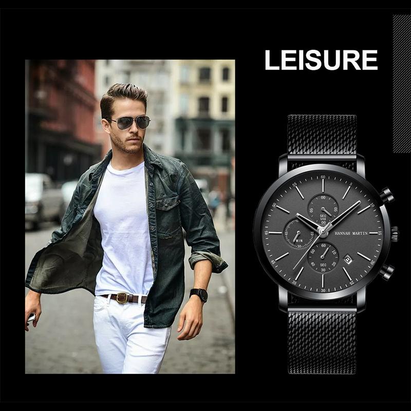 Hannah Martin Men Quartz Watches Top Brand Fashion Multifunction Small Dial Mesh Business Waterproof Wrist Watches