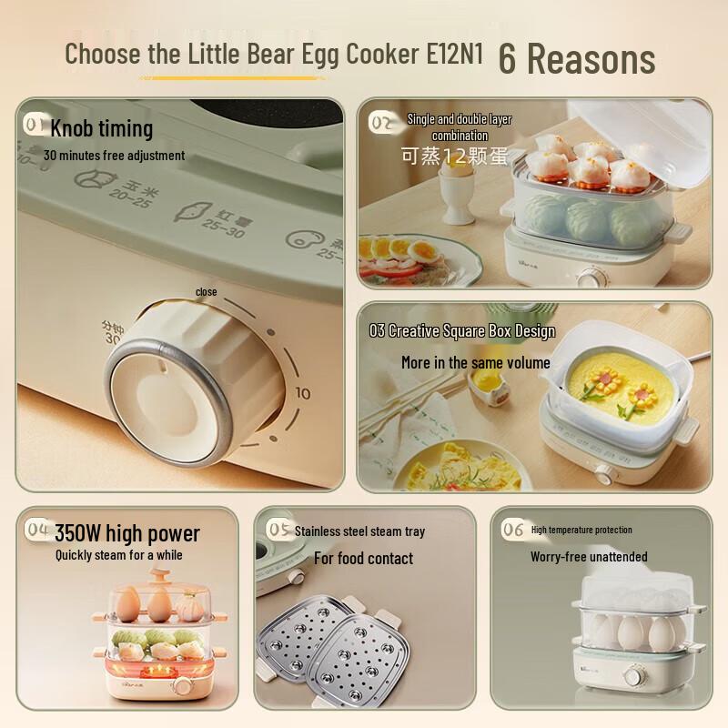 Двухъярусная пароварка для яиц Little Bear ZDQ-E12N1, штепсель CN (адаптер в комплекте)