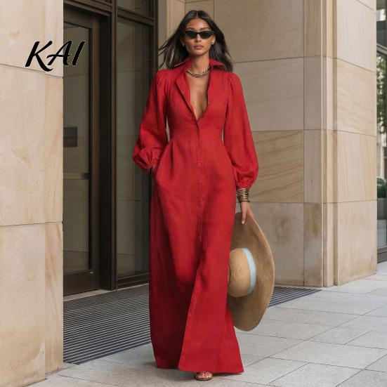 Solid Color Shirt Dresses Women Button Front Dress, Long Sleeve Turn-down Collar Collared Style Cinched Waist Dress for Daily Office