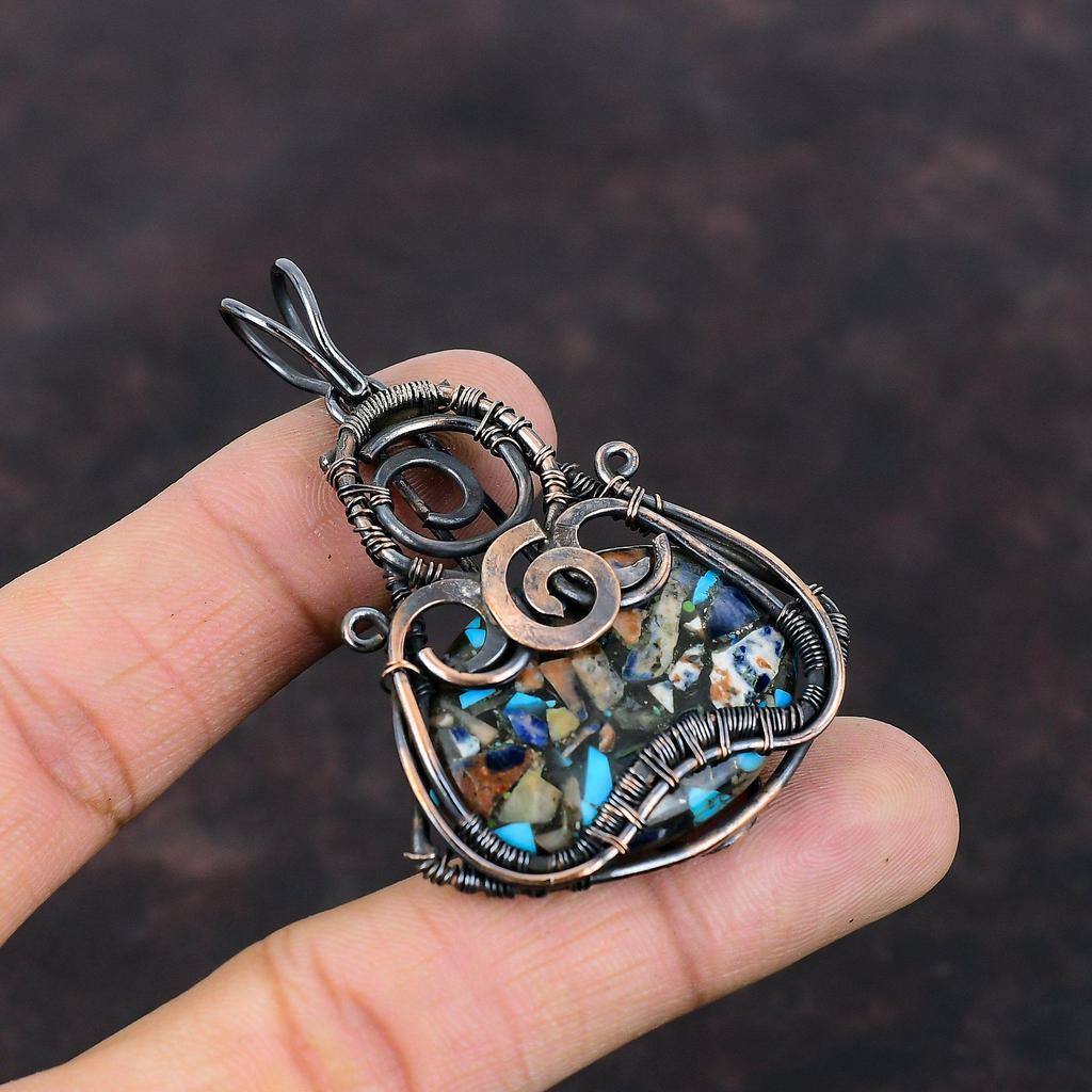 Медный кулон с мульти-бирюзой, кулон, обмотанный медной проволокой, оригинальный кулон с драгоценным камнем, украшения ручной работы, свадебный подарок, красивые медные украшения