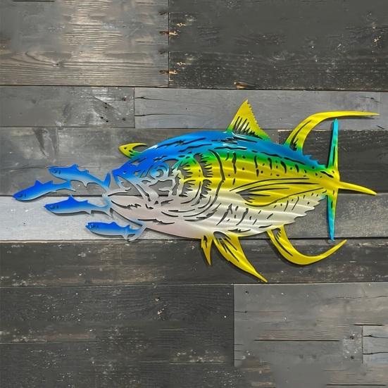 Metal Tuna Fish Wall Art Ocean Theme Wall Hanging Sculpture Blue Fish Cutout Wall Sign for Coastal Home Office Patio Indoor Outdoor Decor