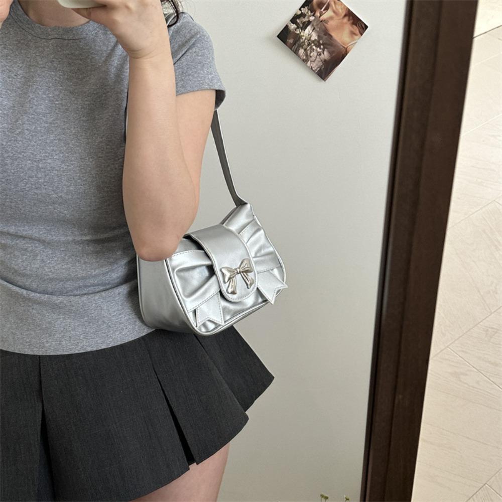 PU Leather Square Pleated Handbag Underarm Bow Armpit Bag Fashion Bowknot Shoulder Bag Work