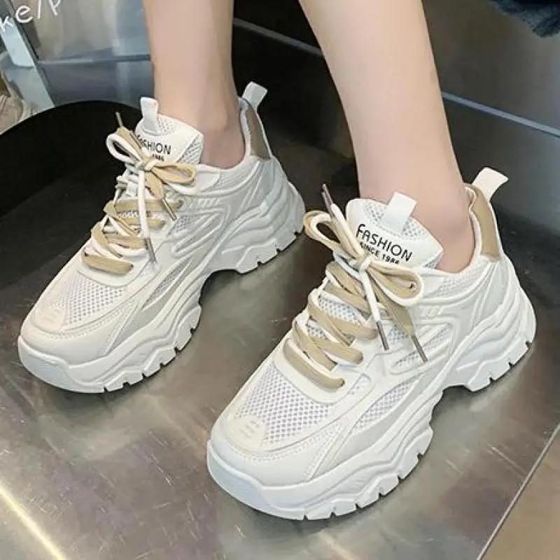 Spring Summer Purple Women Breathable Comfortable Thick Sole Casual Sneakers Fashion Hollow Mesh Lace Up Female Wedges Shoes