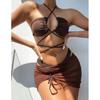 1011 new European and American sexy lace-up three-piece bikini solid color multi-color swimsuit women's wholesale sports model