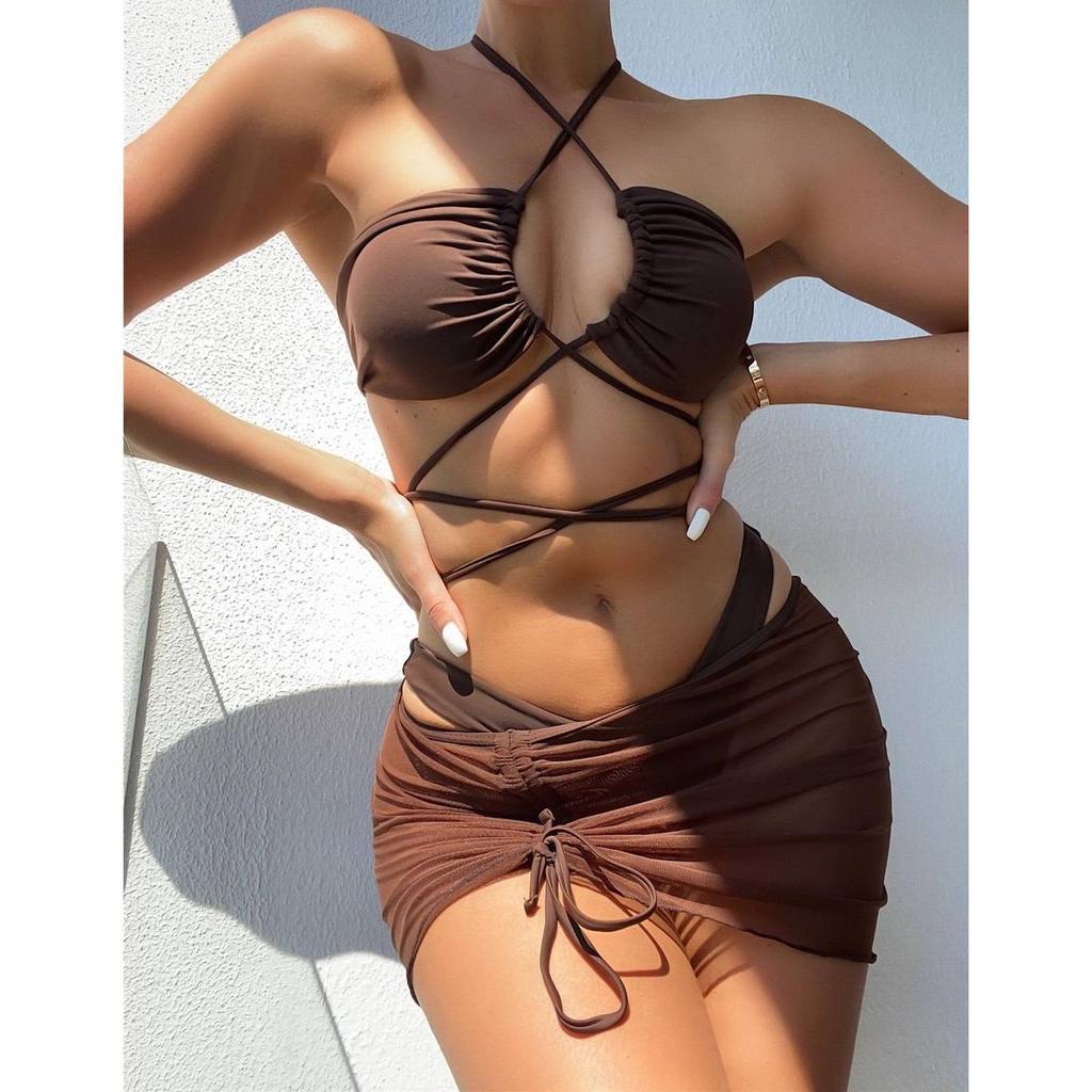 1011 new European and American sexy lace-up three-piece bikini solid color multi-color swimsuit women's wholesale sports model
