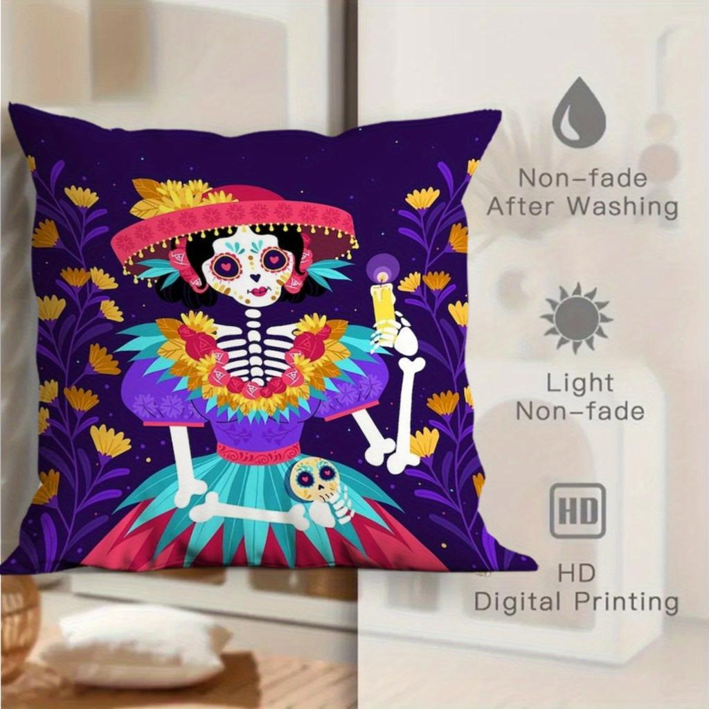 4Pcs Ultra-Soft Day Of The Dead Pillow Covers - Vibrant Sugar Skull Designs, Mexican Folk Art With Marigolds &Apel Picado