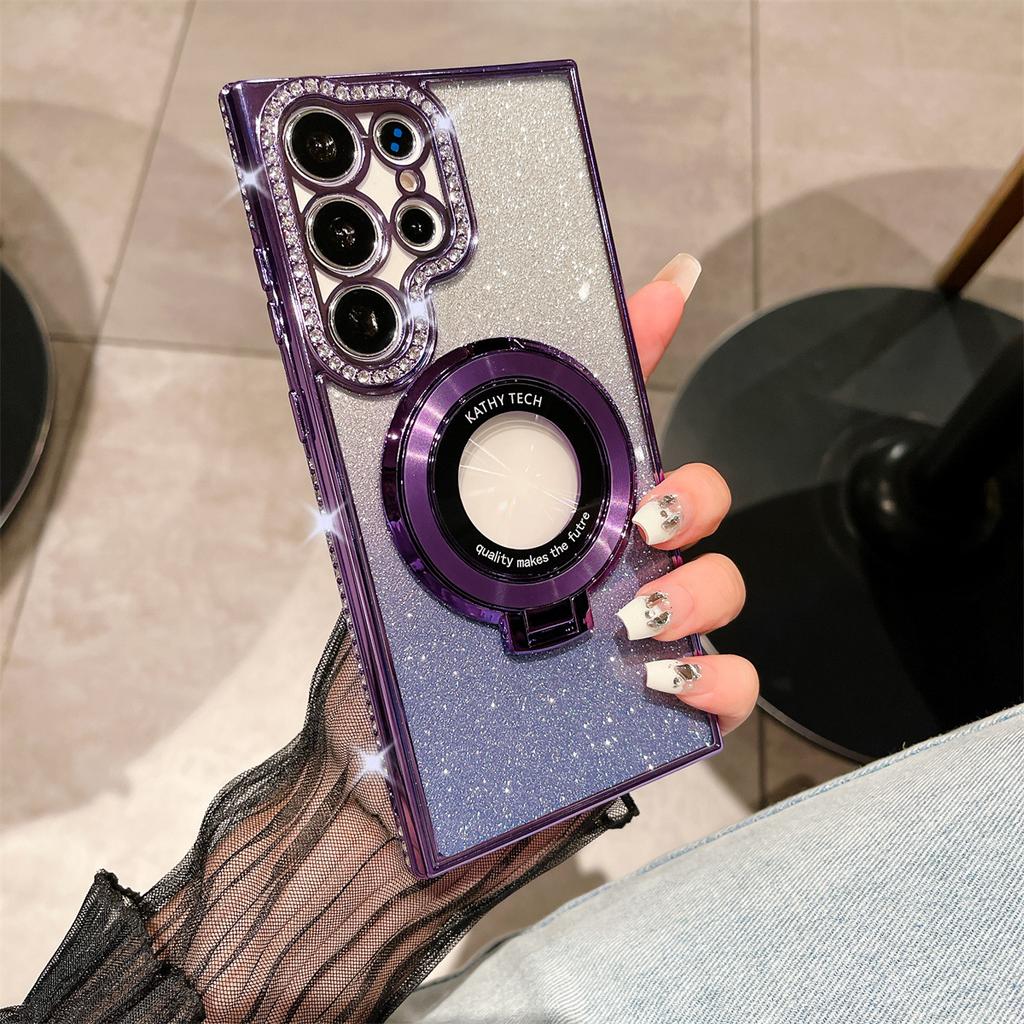 Samsung 25 Ultra Mobile Phone Case Rhinestone Flash Powder Electroplated Magnetic Bracket for Women's Model Suitable for S24 Soft Shell Anti Fall