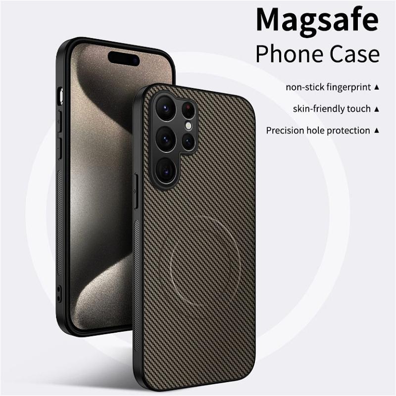Деловой чехол из углеволокна для Magsafe для Samsung Galaxy S26 Ultra S26 Pro S25 Edge Plus S24 FE S23 S22 S21 S20 с беспроводной зарядкой и защитой камеры