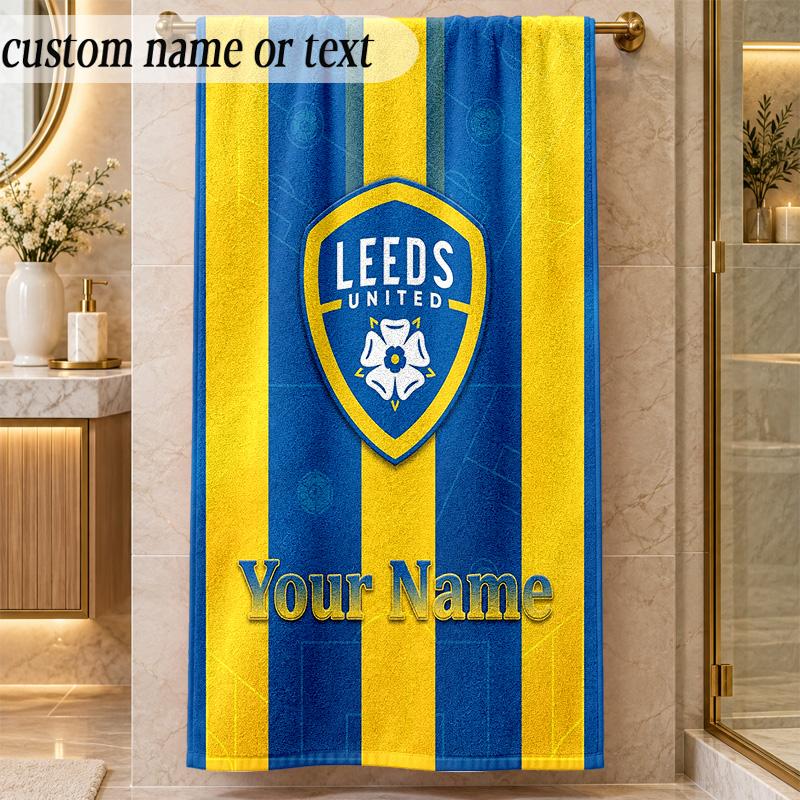 Пляжное полотенце Leeds United с индивидуальным именем и текстом, персонализированное, мягкое, для пляжа, бассейна, дома, декор, подарок