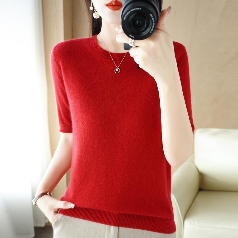 INDFS Women's Fashion Casual Summer Spring Solid Color Print Short Sleeve O-Neck Blouses & Shirts