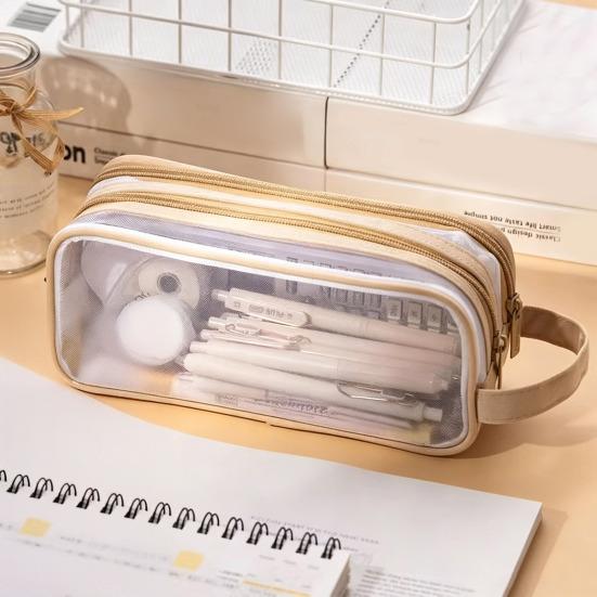 Прозрачный сетчатый пенал большого объема, двухслойная сумка для ручек для студентов, легкий пенал для школы, офиса, экзаменов