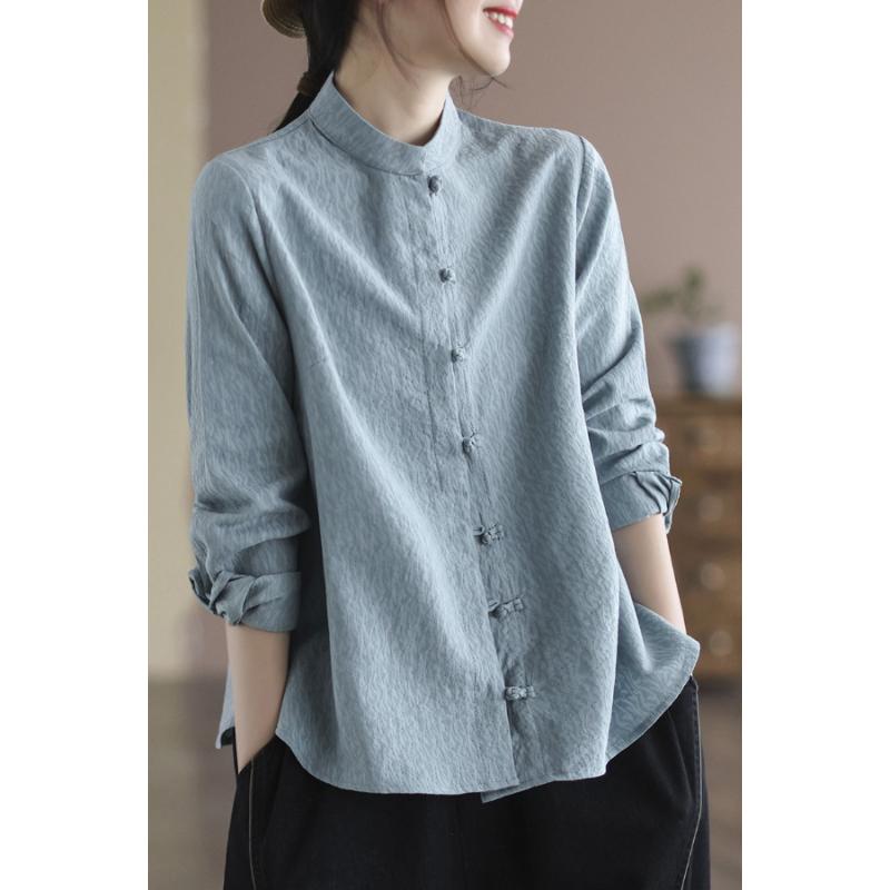 Хлопково-льняная весенне-осенняя дзен женская рубашка на пуговицах однотонная с длинным рукавом ретро литературная свободного кроя омолаживающая