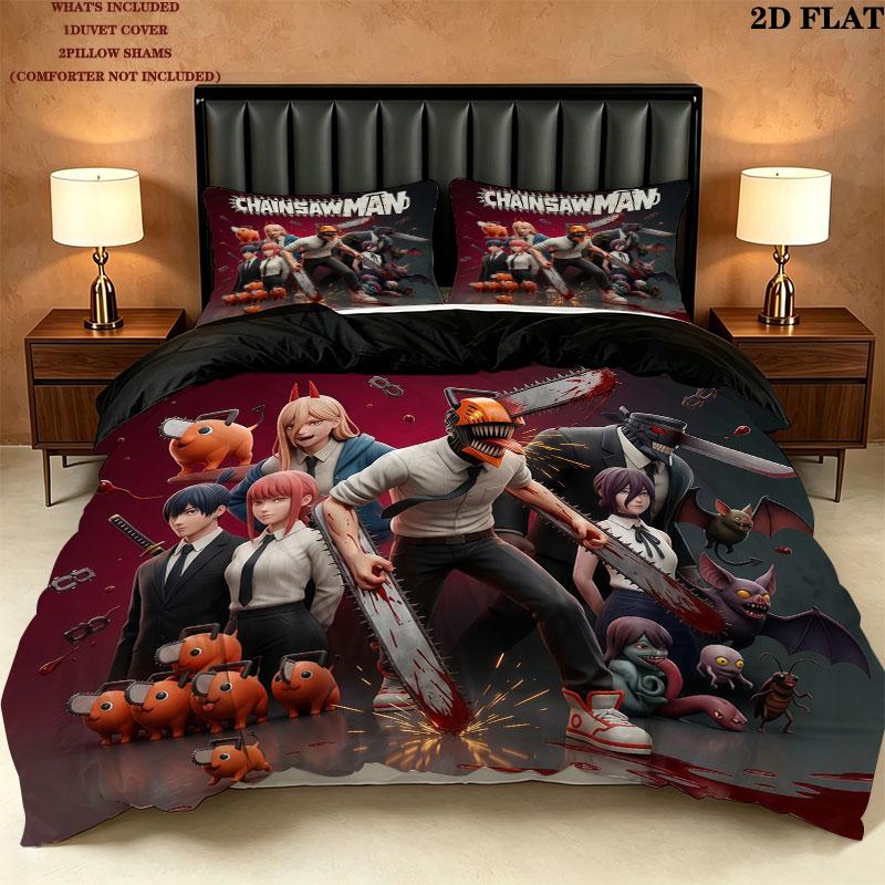 Chainsaw Man Pattern Bedding Quilt Set Quilt Cover Pillowcase Home Birthday Gift(1 * duvet cover + 2 * pillowcase, without core)