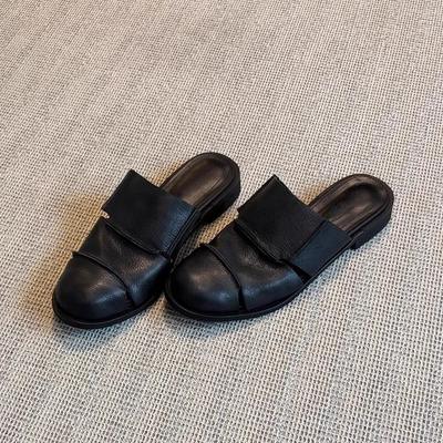 Мягкая кожаная версия! Черная сумка голова полушлепанцы женские ретро мягкая кожа ленивые однопедальные туфли мюли низкий каблук римские туфли