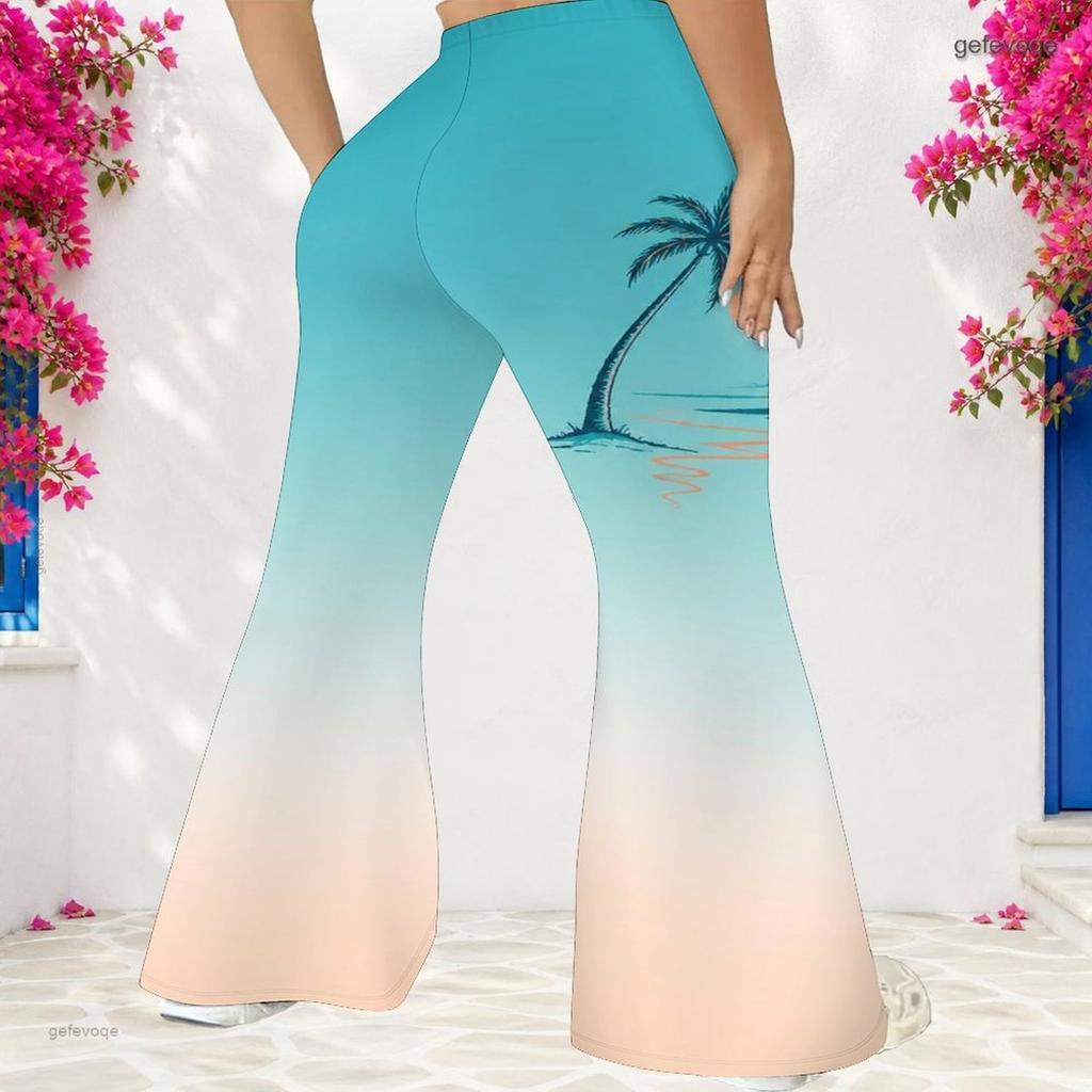 Women Plus Size High Waist Full Length Flared Pants Gradient Palm Tree Printed