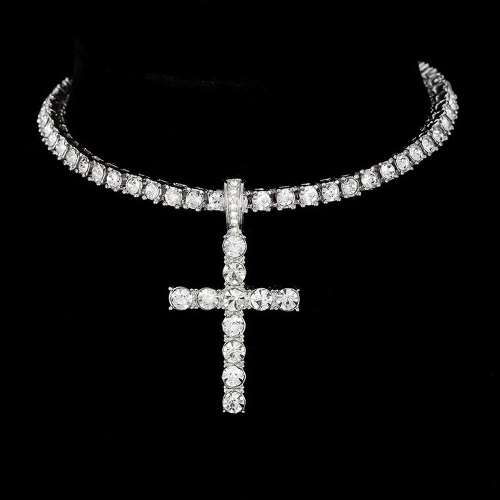Hip Hop Cross Pendant Layered Necklace, 4mm Rhinestone Tennis Chain Set for Men Women