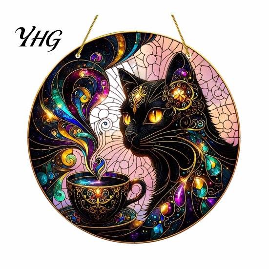 Colorful Cat Wall Art Moon Halloween Window Hanging Decor, Mystical Black Round Sign Modern Room Decor for Indoor Outdoor Art, Gothic Home Porch Door