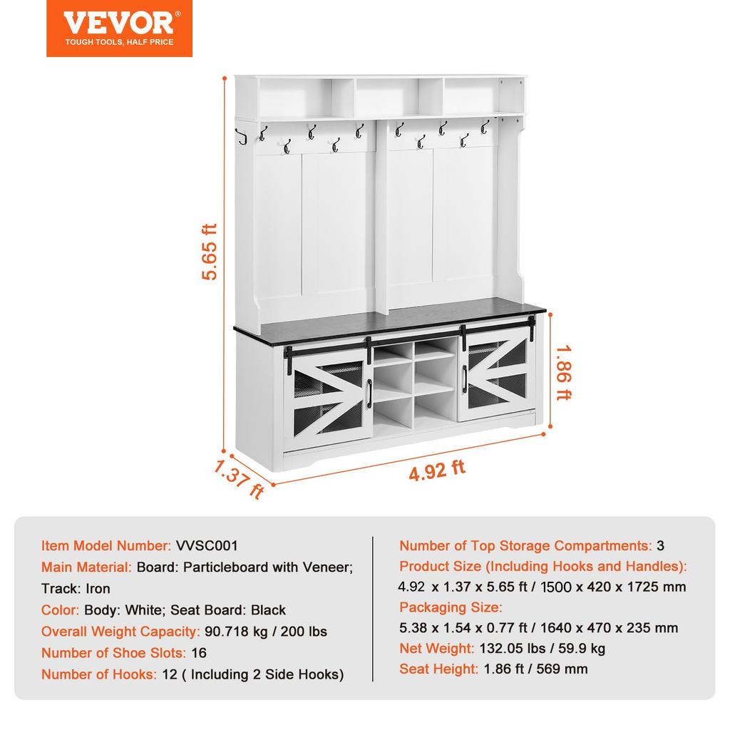 VEVOR Hall Tree, Wooden Hall Tree with Bench and Shoe Storage, White Hall Tree with Coat Rack, Adjustable Shelves and 12 Hanging Hooks