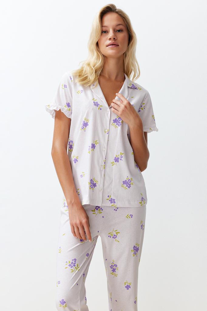 Women's Fashion New Pajama Set Ecru-Multicolor 100% Cotton Floral Ruffle Detailed Knitted Pajama Set