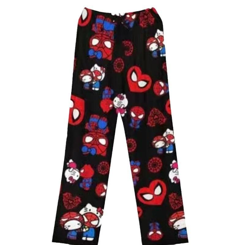 Cartoon Cat Flannel Pajama Pants Women Winter Coral Fleece Thick Warm Lounge Home Pants