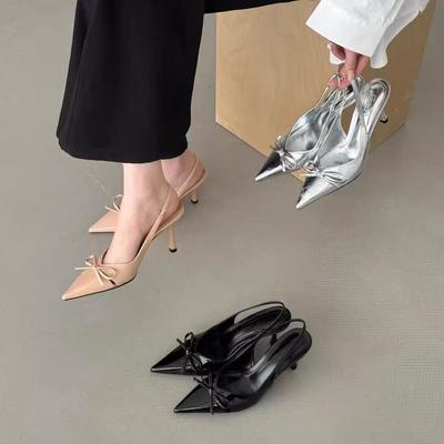 Босоножки с заостренным носком и бантом, весна-лето 2025, новые туфли на французской шпильке со средним каблуком, туфли на высоком каблуке