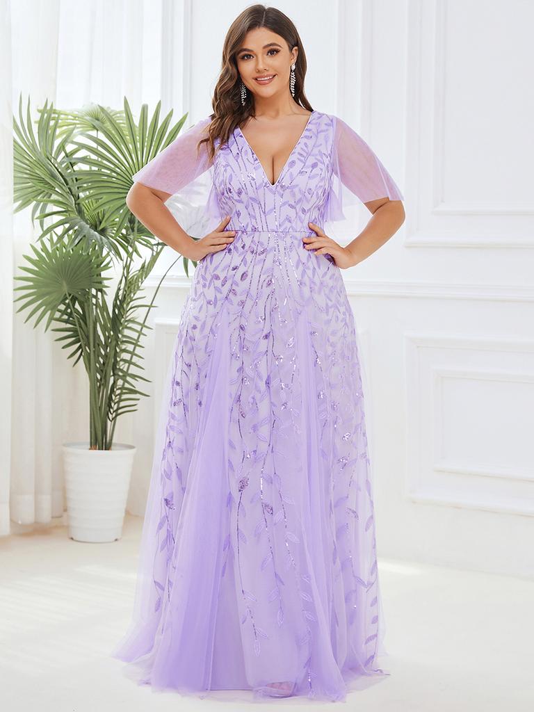 Ever-Pretty Womens Plus Size V Neck A Line Sequin Tulle Formal Dresses