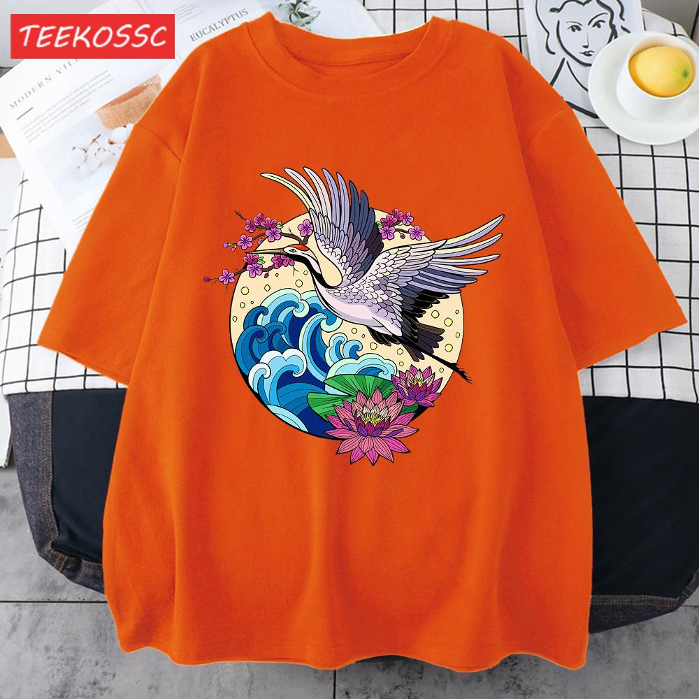 Cranes Enjoy Blooming Flowers Men T Shirts Vintage Fashion Soft Short Sleeve Summer Comfortable TShirt Unisex Cotton Loose Top