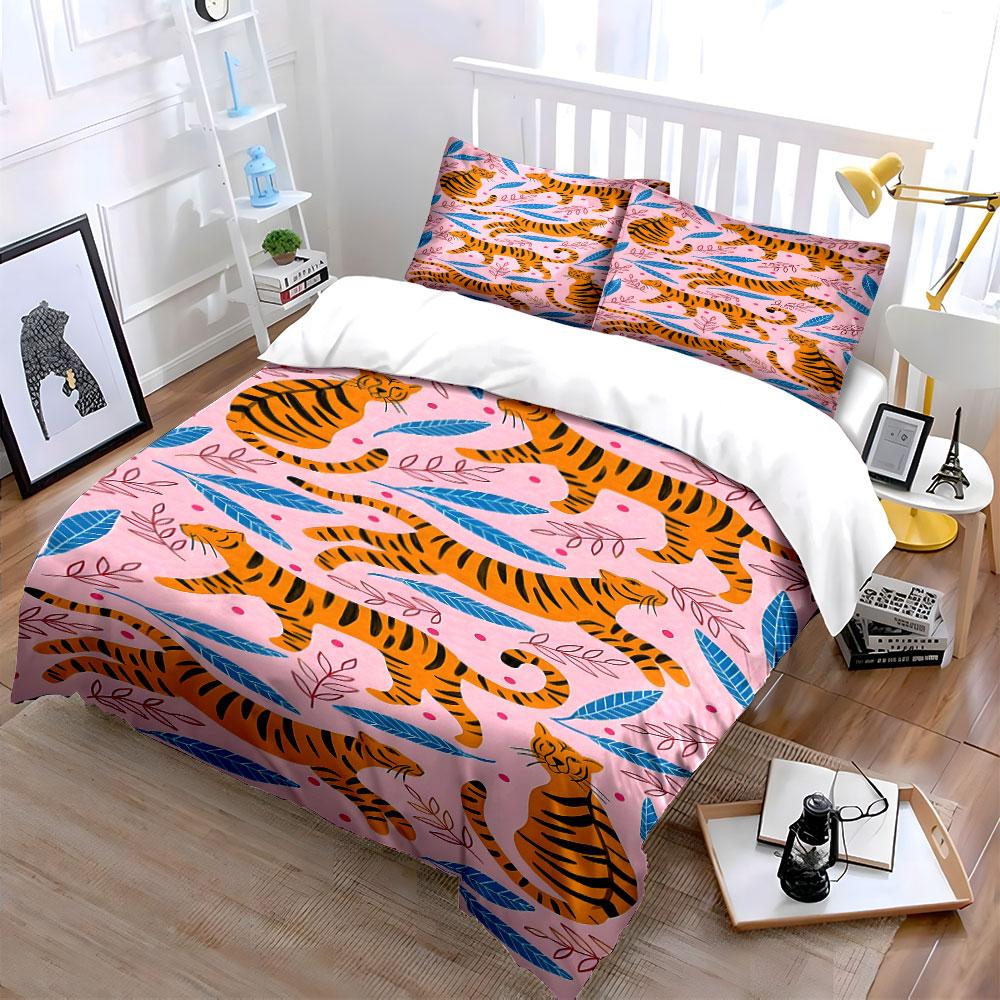 Tiger Pattern with Leaves Bedding Duvet Cover Set (1*Duvet Cover 2*Pillowcases, without duvet insert)