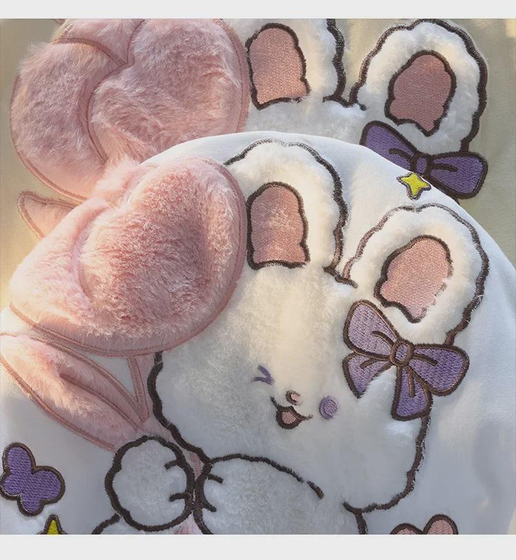 Очаровательная футболка с короткими рукавами и вышивкой в виде мультяшного кролика - женская летняя футболка в стиле колледжа, свободный крой