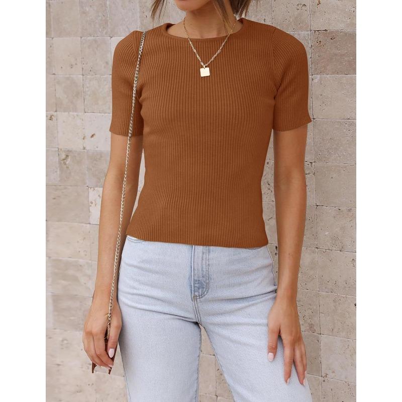 Women Short Sleeve Crew Neck Slim Fit Knit T Shirt