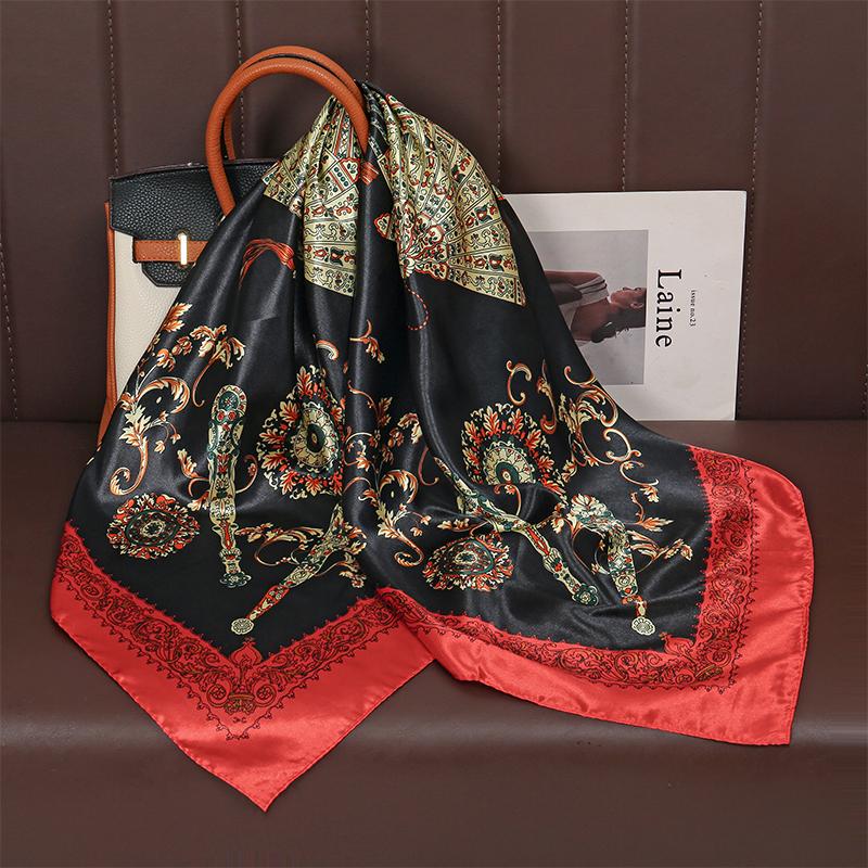 Satin Square Scarf Women Muslim Hijab Elegant  Print Silk Neckerchief Shawl Wraps Headband Handle Hair Accessories Bandana