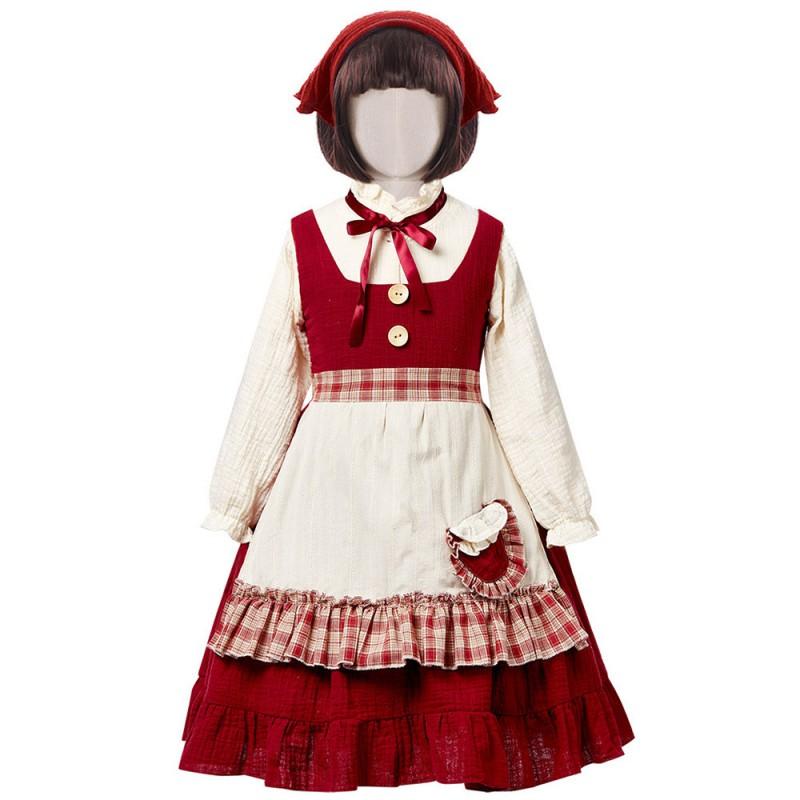 Halloween Little Red Riding Hood Costume Bow Wine Cape Fairy Tale Cosplay Sweet Stage Wear Women