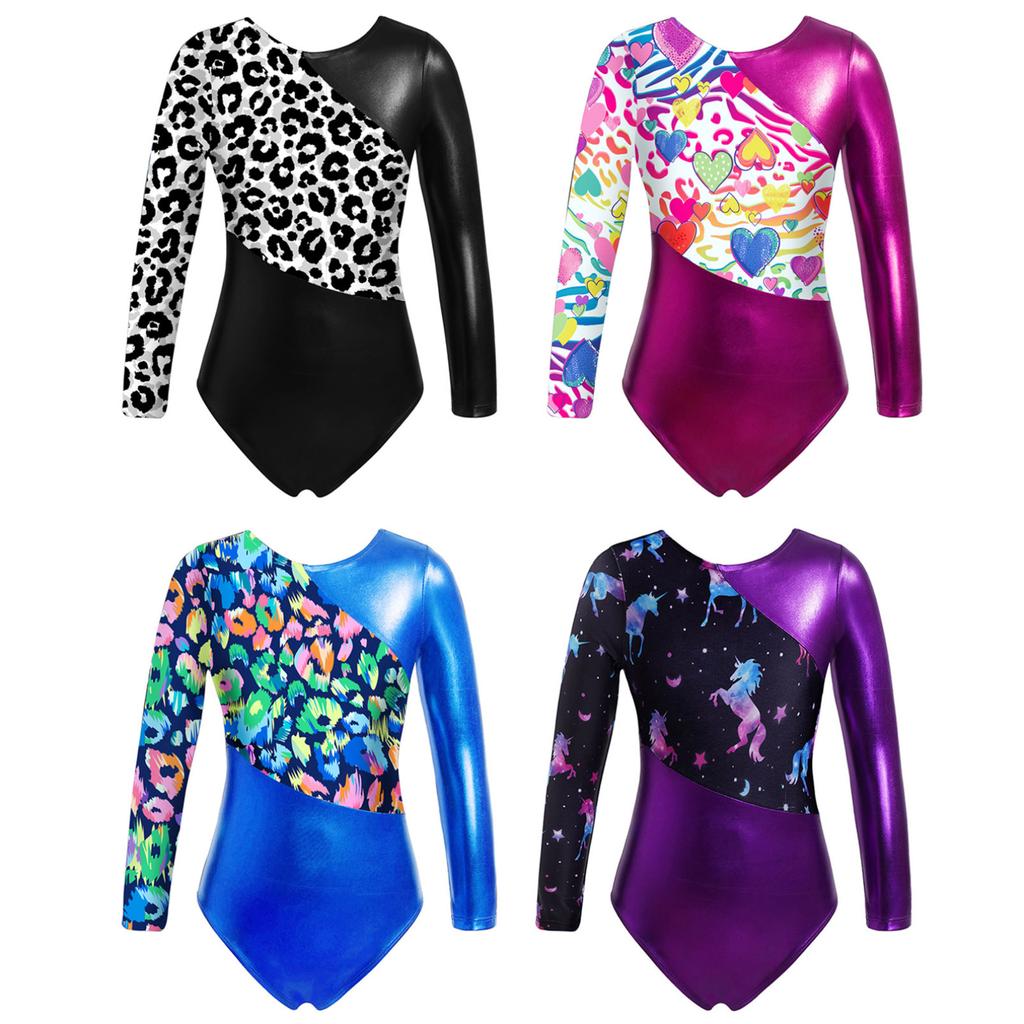 Gymnastics Leotards for Girls Sparkly Dancewear Long Sleeves Printed Jumpsuit Yoga Ballet Dance Clothes
