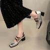 2025 NEW French Style Chunky Heel Cross Band Square Head Single Shoes Commute Evening Wind Comfortable Leather Shoes