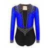 Girls Long Sleeve Rhinestone Leotard Keyhole Back Shiny Bodysuit Gymnastics Skating Performance Dancewear