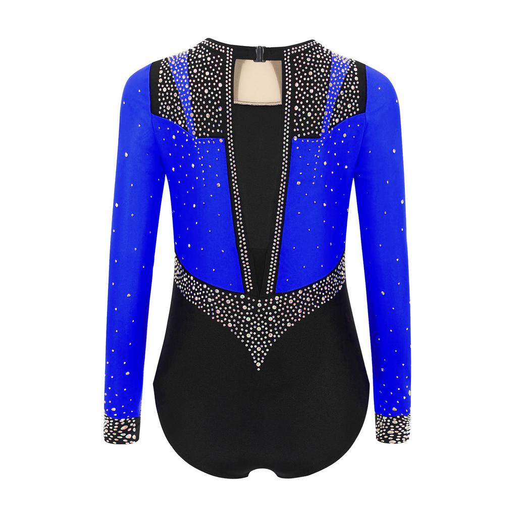 Girls Long Sleeve Rhinestone Leotard Keyhole Back Shiny Bodysuit Gymnastics Skating Performance Dancewear
