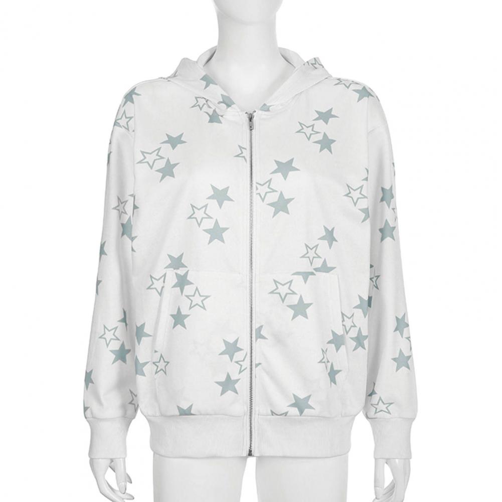 Hoodie Coat Star Print Pockets Zipper Closure Elastic Thread Cuff Long Sleeve Relaxed Fit Unisex Hooded Streetwear Hip Hop Fall Winter