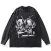 Streetwear Cartoon Graphic Washed Black T-Shirt Cotton Unisex Plus Size Long Sleeves T Shirt
